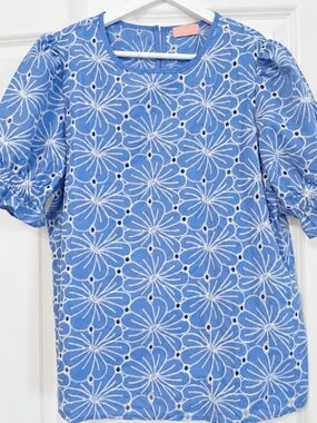 Blue Floral Eyelet Puff Sleeve Top Embroidered